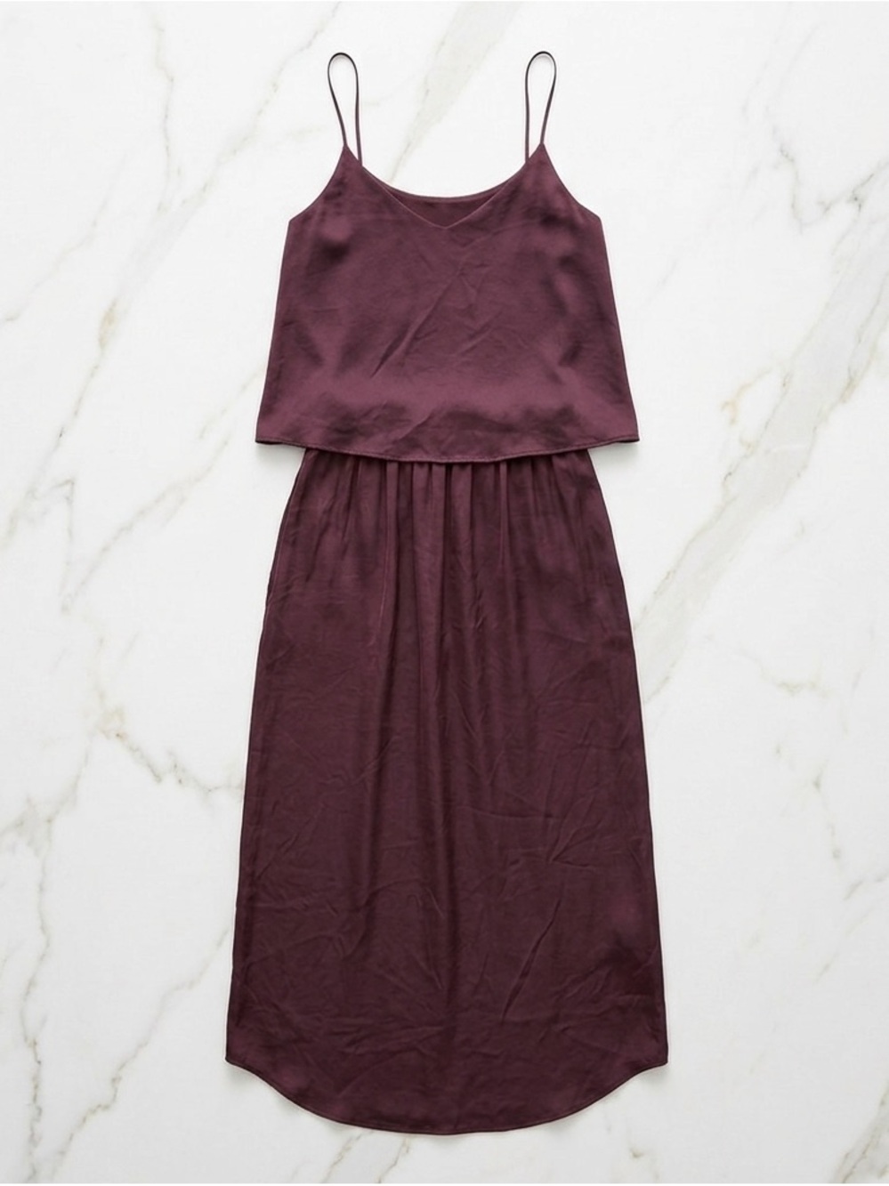H&M Burgundy Ruffled V-Neck Satin Midi Dress Size 8 Eggplant Cocktail Bridesmaid